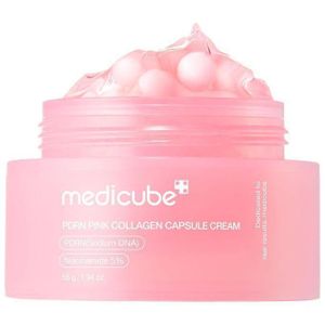 Medicube PDRN Pink Collagen Capsule Cream, containing collagen, niacinamide, and hyaluronic acid, designed to firm, brighten, hydrate, and strengthen the skin barrier for a radiant, "glass-skin" glow