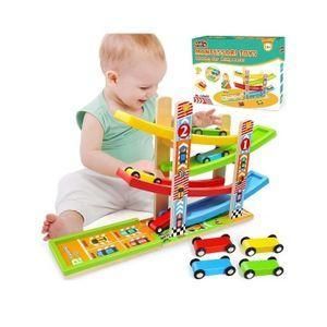 6-Level Wooden Car Ramp Racer Track Toy – Colorful Six-Layer Sliding Car Track Set for Kids Educational Play