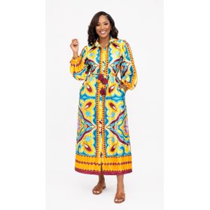 African Print Maxi Shirt Dress with Waist Tie – Long Sleeve Ankara Dress