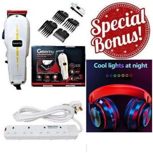 Geemy Barber Hair Clipper Shaving Machine + Free Wireless Bluetooth Headphones & Power Extension Socket