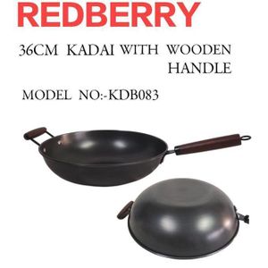 Redberry Premium Range of Woks Pan, Steel Fry Pan Kadai with Wooden Handle 36cm Black 