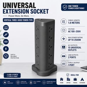 15-Way Universal Extension Vertical Three-Sided Tower-Type Socket with 2 USB & Type-C Port Heavy-Duty 1.8-Meters Power Strip - EX22-T Black
