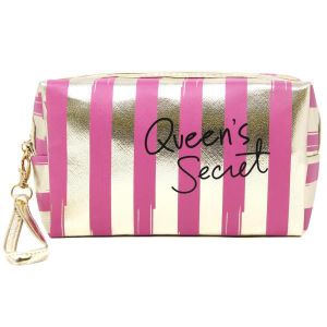 Queen's Secret Cosmetic Bag zip Closure Pink and Gold Striped Hand bag or Makeup Bag with Wristlet. 