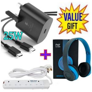 Samsung A15 Super Fast 25W USB C Charger Adapter For Type C Devices +4 Way Power Extension + Bluetooth Headphones