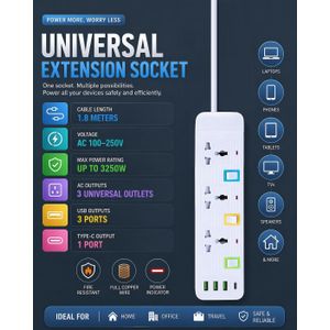 3-Way Universal Extension Socket with 3 USB & Type-C Port Heavy-Duty 1.8-Meters Power Strip - EX22-R White