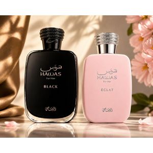 Rasasi Hawas His & Hers Perfume Set Black + Éclat Eau De Parfum 100ml Gift Set