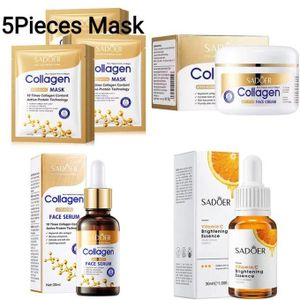 SADOER 8 Pieces Anti Aging Collagen Set + Vitamin C Face Brightening Essence, 5 Pieces Collagen Face Mask + Collagen Cream+ Collagen Serum + Vitamin C Serum