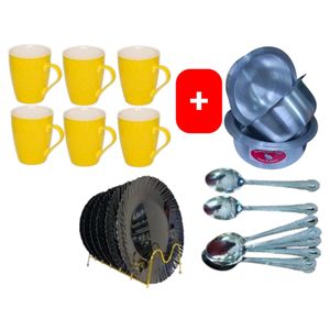 Sundabest  Beautiful Classic Yellow Ceramic Coffee/Tea Mug / Cups 6pc Set + FREE 4PCS Stainless Aluminum Sufuria Set, 12pc Table Spoons & 6pc Ceramic  Dinner Plates