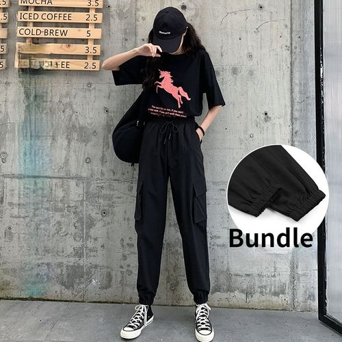 Fashion Cargo Pants Women Black Bundle Slim Casual All-match Daily