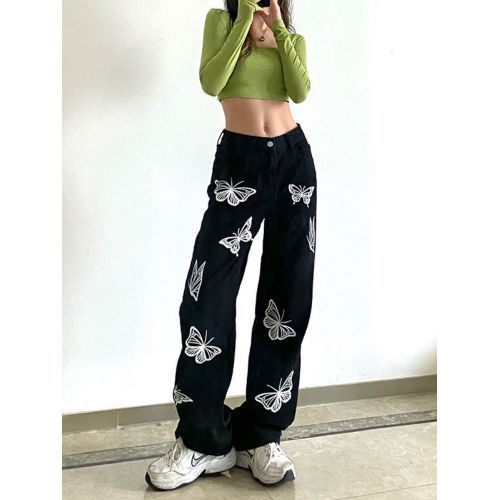 Summer Women Vintage Loose Streetwear Butterfly Print Jeans Long