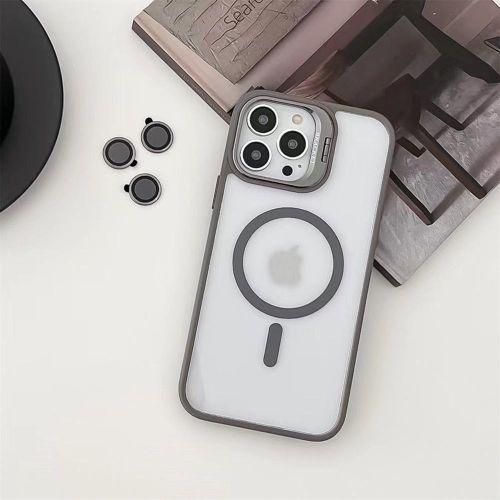 product_image_name-Generic-Grey Magsafe Compatible Stand Bracket Transparent Case with Camera Metal Ring Lens Protector for iPhone 14 Pro-2