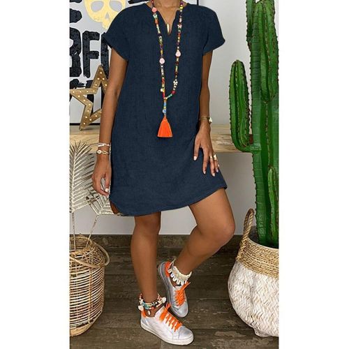 Fashion (navy)Women Short Sleeve Dress Casual Loose V Neck Cotton Linen ...