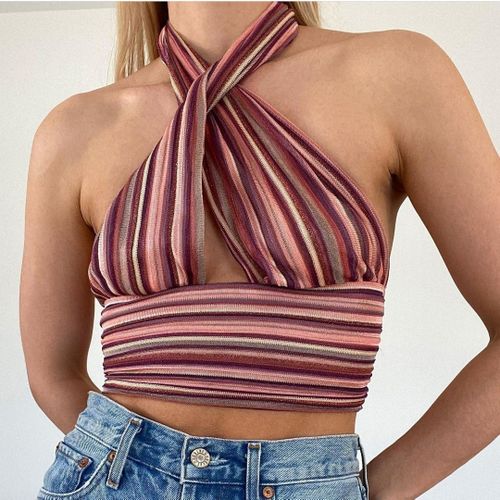 Fashion (Net Yarn Top-winered)Colorful Striped Knitted Cami Top