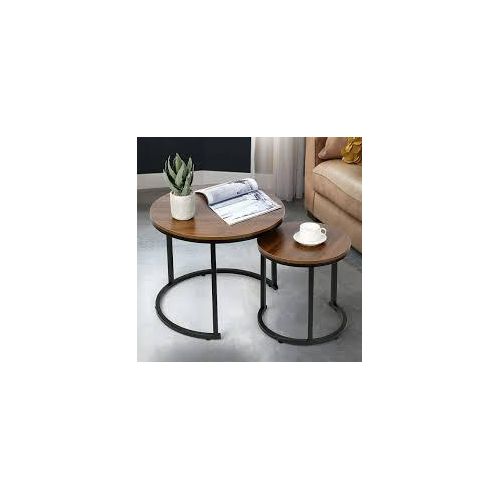 product_image_name-Generic-Two round walnut-finish nesting coffee tables with black metal frames. BROWN-1