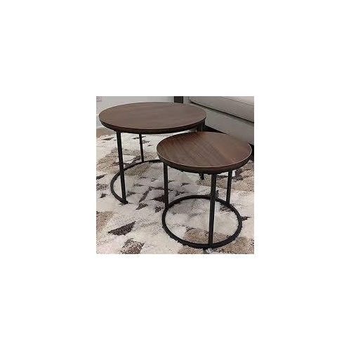 product_image_name-Generic-Two round walnut-finish nesting coffee tables with black metal frames. BROWN-2