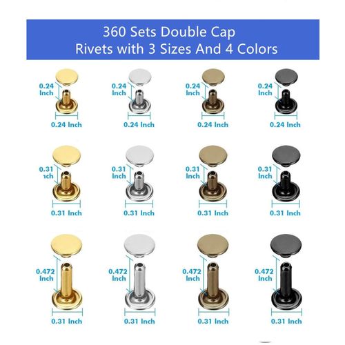 Leather Rivets Kit,360 Sets Double Cap Brass Rivets Leather Studs with  Setting Tools for Leather Repair & Crafts,4 Colors&3Sizes