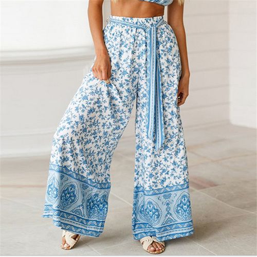 Fashion (Light Blue)Women's Palazzo Floral Geometric Print Elastic High  Waist Sashes Long Wide Leg Pants Loose Culottes Maxi Trousers WEF @ Best  Price Online