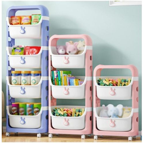 product_image_name-Generic-Diaper Organizer Kids Toy Storage Organizer Stackable Rolling Cart, Children Playroom Decor Doll Activity Rack Shelf Plastic Bins Box Mobile Move Everywhere with Caster Wheels (Color Blue, Size 4 Tier)-1