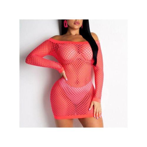 product_image_name-Generic-Woman Shoulder Fishnet Crochet Bodycon Beach Dress Pink-1