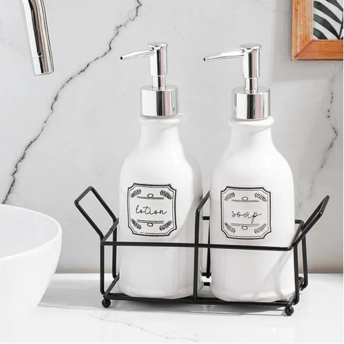 product_image_name-Generic-2 in 1 Ceramic Soap Lotion Dispenser Set With Metallic Stand -1