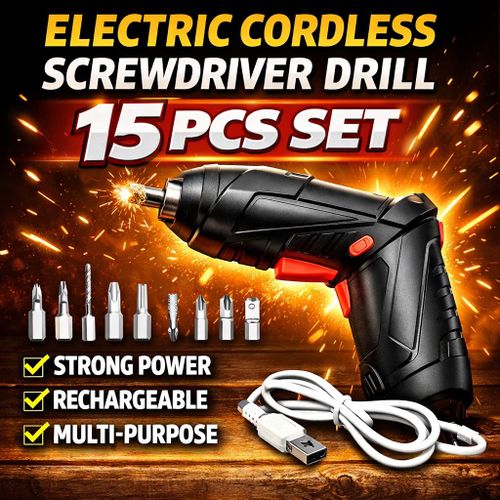product_image_name-Generic-Rechargeable Electric Screwdriver Cordless Drill – 15PCS Multi Purpose Tool Kit with Bits & USB Cable-1