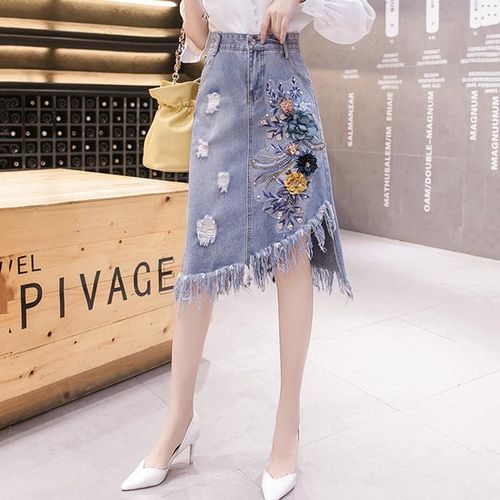 Embroidered denim skirt knee length hotsell