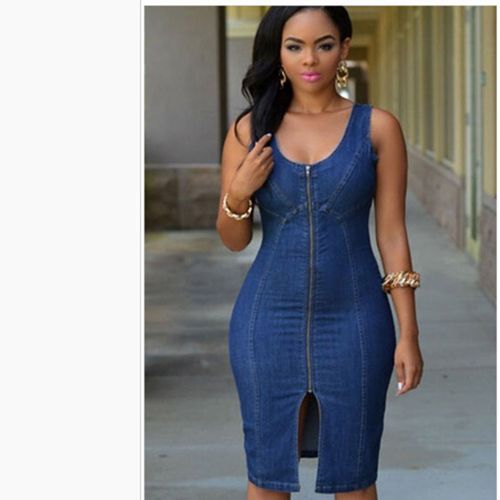 Buy DENIM PRINT HALTER NECK PENCIL DRESS for Women Online in India