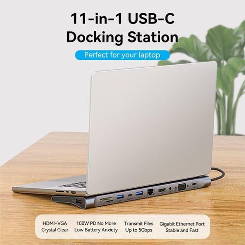 product_image_name-Vention-USB-C MULTI-FUNCTIONAL 11 in 1 DOCKING STATION - Type C to Multi-function USB-C to HDMI/VGA/USB-C Gen 1/USB 3.0x2/USB 2.0/RJ45/SD/TF/TRRS 3.5mm/PD Docking Station 0.25m Gray Metal Type Docking station-1