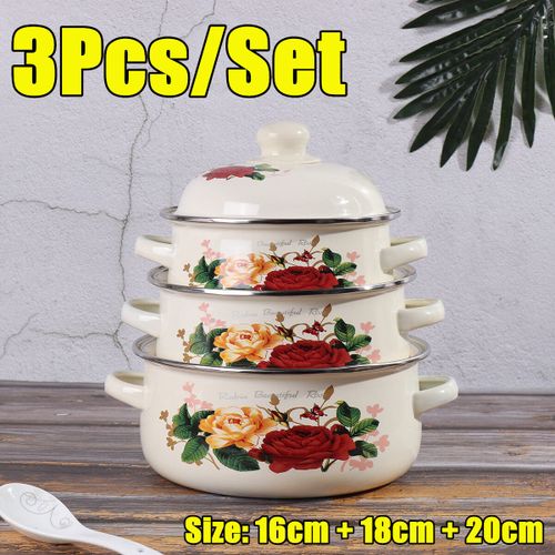 3Pcs/Set Enamel Cooking Pot Set Kitchen Soup Milk Pots With Lids Enamelware  6+7+8in