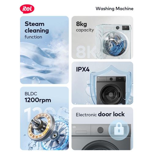 Itel 8kg Drum Washing Machine - IXQG80-AE - Grey (1 YR WRTY)