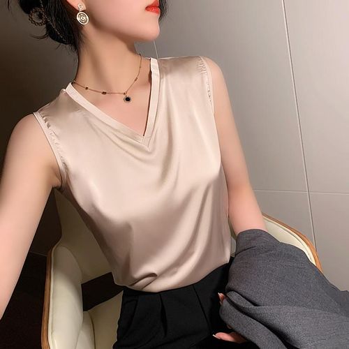 Fashion (champagne V-neck)2022 Summer Plus Size Women's Blouse Sleeveless Suspenders  V-neck Loose Casual Vest Women Satin Silk Top Bottoming Shirt CHA @ Best  Price Online