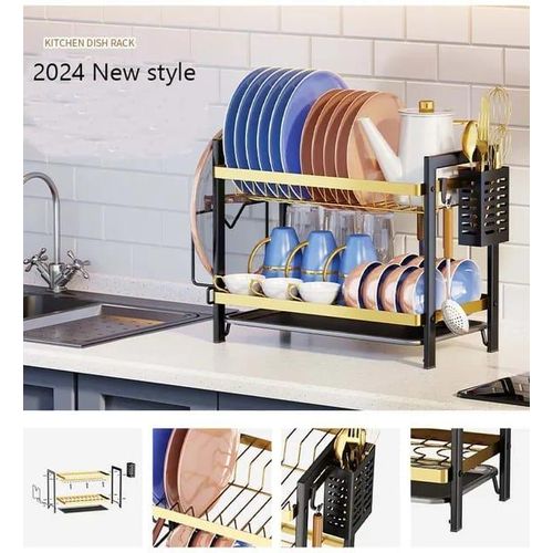 product_image_name-Generic-New Design 2 Tier Black and Gold Dish Rack with Drain Board and side cutlery holder-1