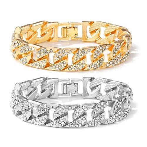 product_image_name-Fashion-2 Pcs Set Hand Chain Bracelet Diamond Iced Out Cuban Curb Gold + Silver-1