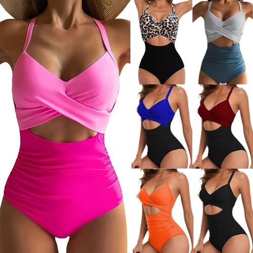 product_image_name-Fashion-Women's Two-Tone Pink Cutout One-Piece Swimsuit – Crisscross Halter Top, High-Waist Bottom & Midriff Cutout – Sizes S to XL for Beachwear, Poolside & Resort Styling-4