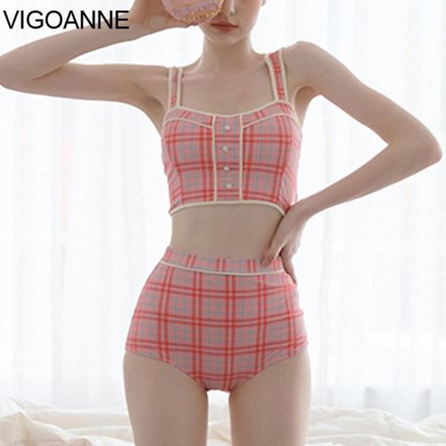 Generic VigoAnne 2024 Pink Plaid Print Swimwear Women High Waist Push UP Strapped Bikini Korean Swimsuit Backless Summer Bathing Suit Best Price Online Jumia Kenya