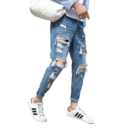 New ladies beggar ripped jeans ins street fashion trendy drag pants high  waist slimming plus size loose straight trousers - AliExpress