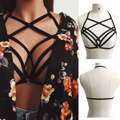 Elastic Cage Bra, Harness Bralette, Black Lace Bra