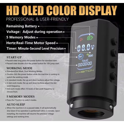 product_image_name-Ambition-C2 Wireless Tattoo Machine Pen 7 Adjustable Stroke Coreless Motor 1600mAh Battery-3