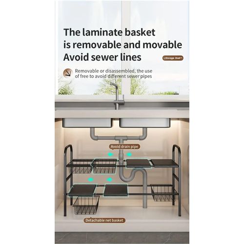 product_image_name-Generic-2 Layer Stainless Steel Expandable Under Sink Rack Adjustable Storage Organizer for Kitchen Bathroom Cabinets Durable Space-Saving Design-3