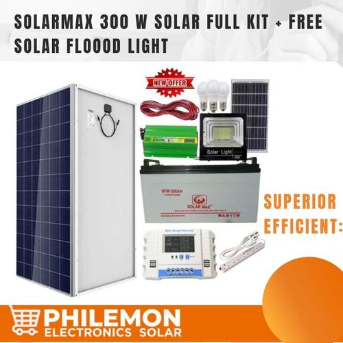 product_image_name-Solarmax-300 W solar panel all weather +200 ah solar battery +600 w solar power inverter +30 ah solar charge controller + 3 Dc bulb +Extension +5m red ,5 black cable +free solar floood light-1