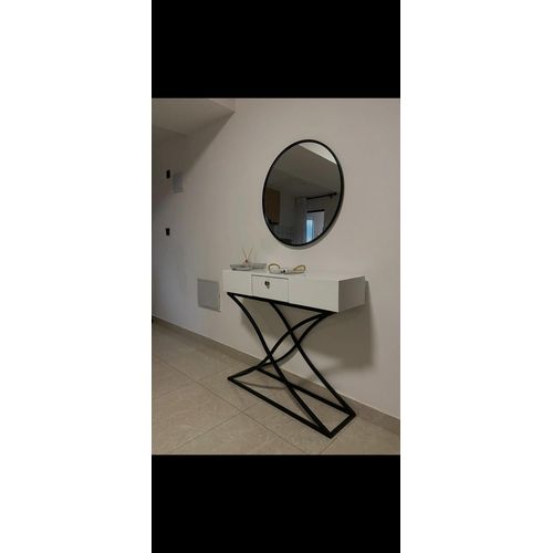 product_image_name-Generic-Contemporary White Console Table with Locked Drawer & Round Mirror Set-1