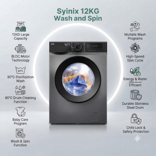 Syinix 12kg Front Load Washer – Energy Efficient BLDC Motor With Baby Care Steam Wash (2YRs WRTY)