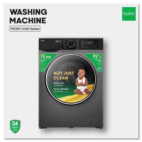 Syinix 12kg Front Load Washer – Energy Efficient BLDC Motor With Baby Care Steam Wash (2YRs WRTY)
