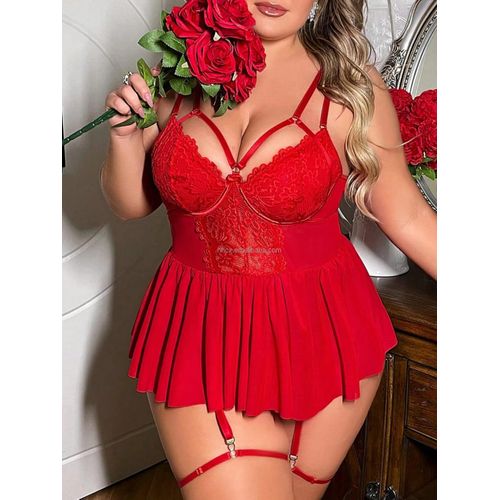 product_image_name-Fashion-Plus Size Red Lace Babydoll Lingerie Set with Sheer Mesh Skirt-5