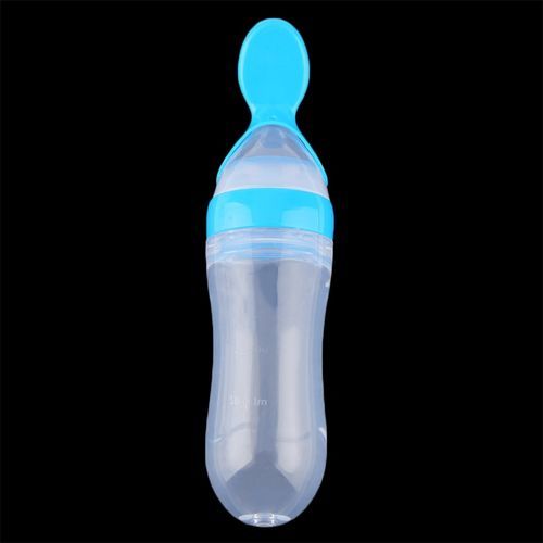 Baby Silicone Squeeze Feeding Bottle with Spoon Food Rice Cereal Feeder, Blue