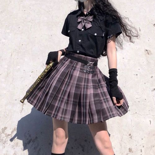 Fashion Pink Plaid Pleated Skirt Summer Winter Black Mini Skirts