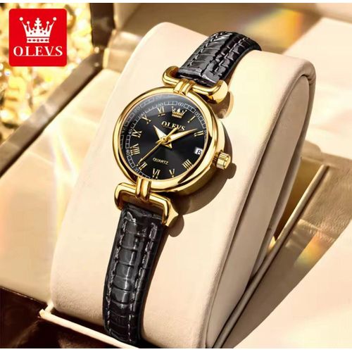 product_image_name-Olevs-5645 Women’s Luxury Fashion Black Leather Straps Quartz Wristwatch - Gold Black-4