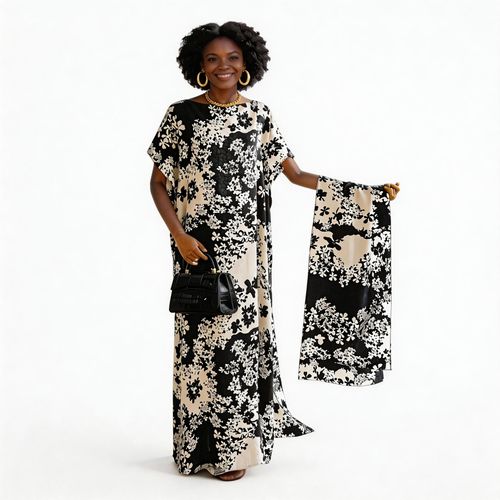 strapless open back dress Plus Size Green Geometric Kaftan Dress for Women Polyester kaftan dres –  Fabulive main image 1