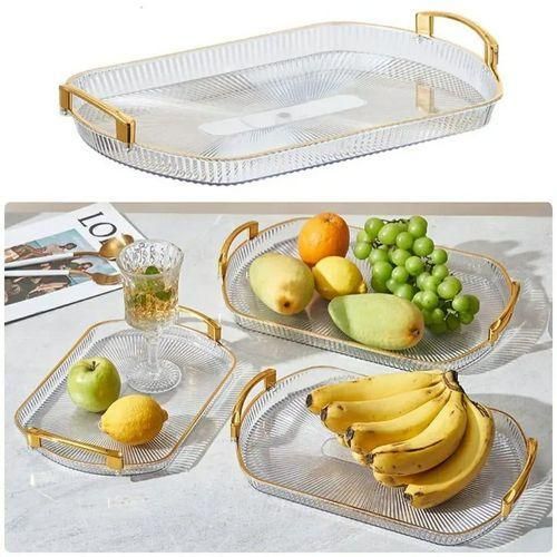 product_image_name-Generic-3Pcs Acrylic Serving Trays Set for Kitchen Rectangular Stylish Design Fancy Coated Golden Handle-3