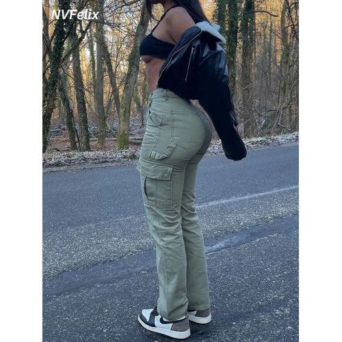 Straight Leg Cargo Pants Women High Waist Casual Baggy Pants Slim